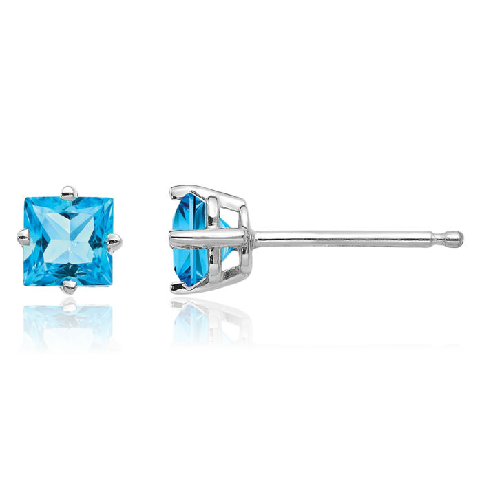 14K Solid White Gold 4mm Princess-Cut Square Swiss Blue Topaz Studs Gemstone Solitaire Earrings December Birthstone Jewelry