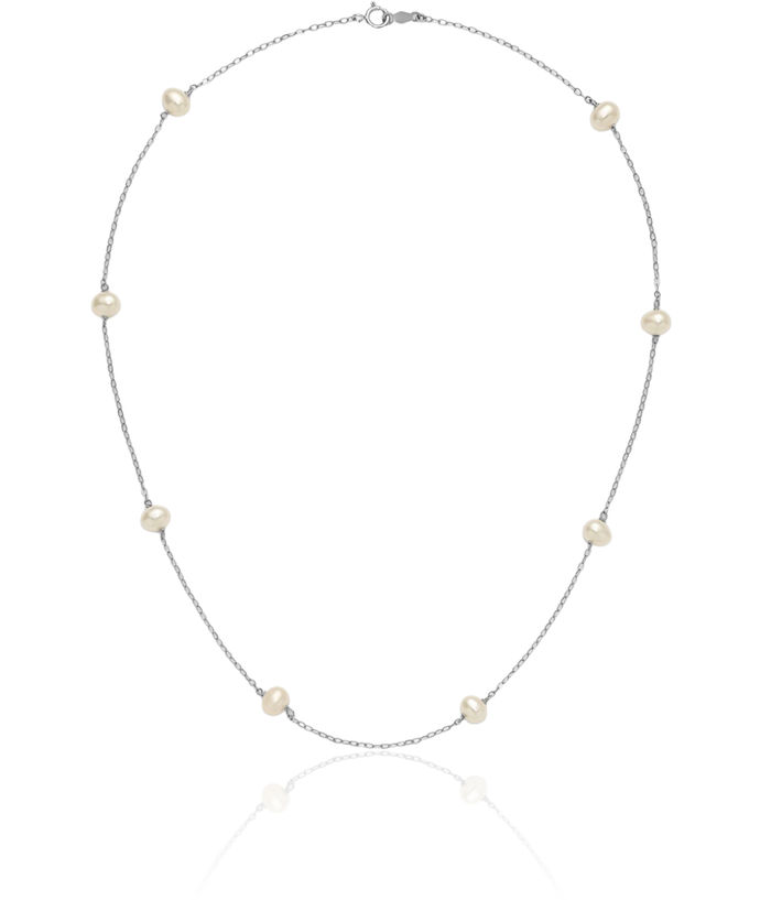 14K Solid White Gold 4mm Near Round Freshwater Cultured Pearl 8 Station Necklace Chain