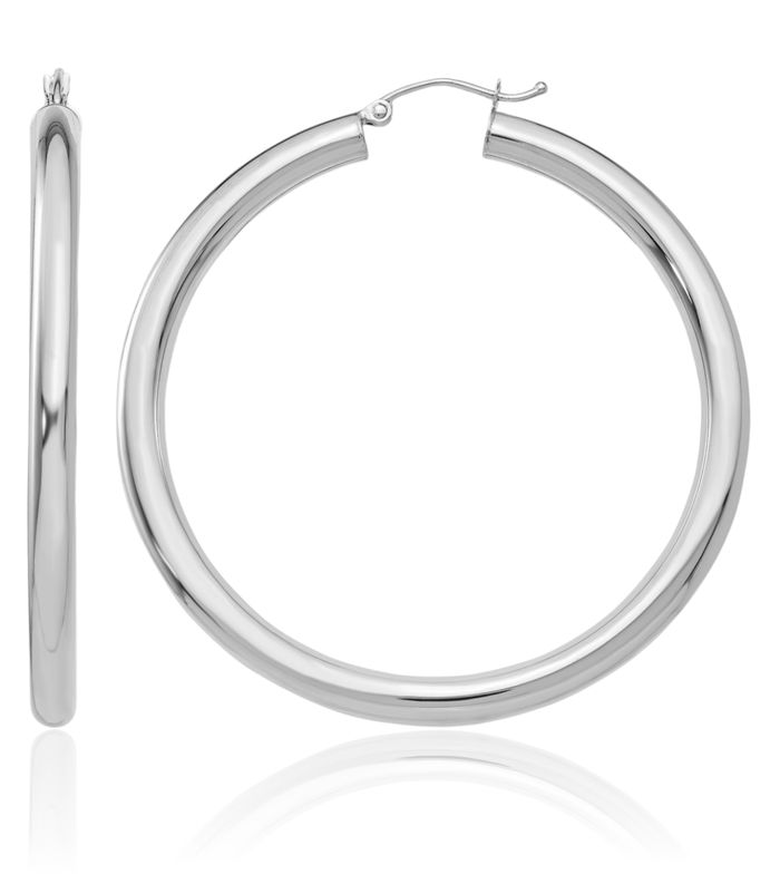 14K Solid White Gold 4mm Tube Round Large Hoop Earrings