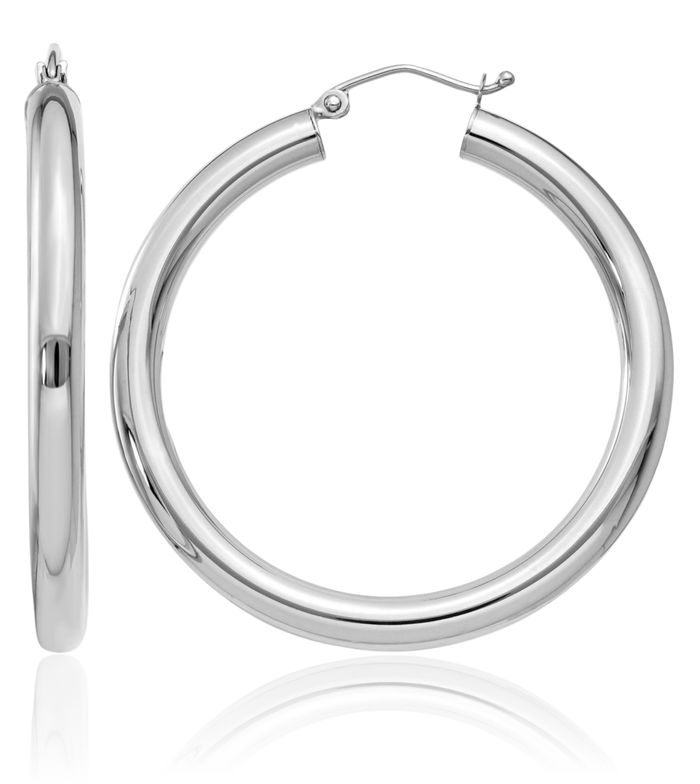 14K Solid White Gold 4mm Tube Round Large Hoop Earrings