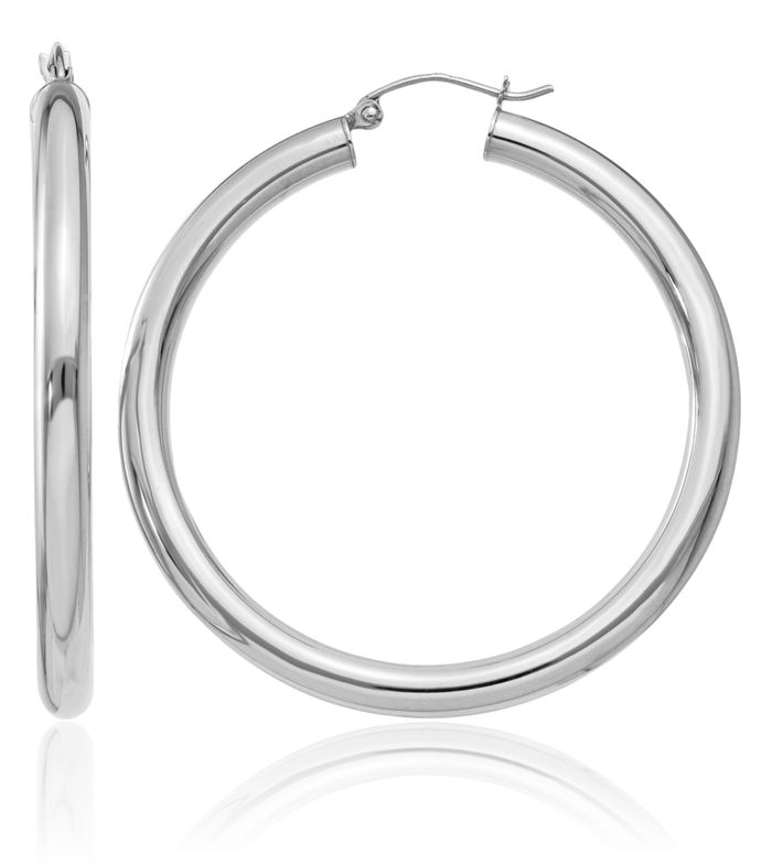 14K Solid White Gold 4mm Tube Round Large Hoop Earrings