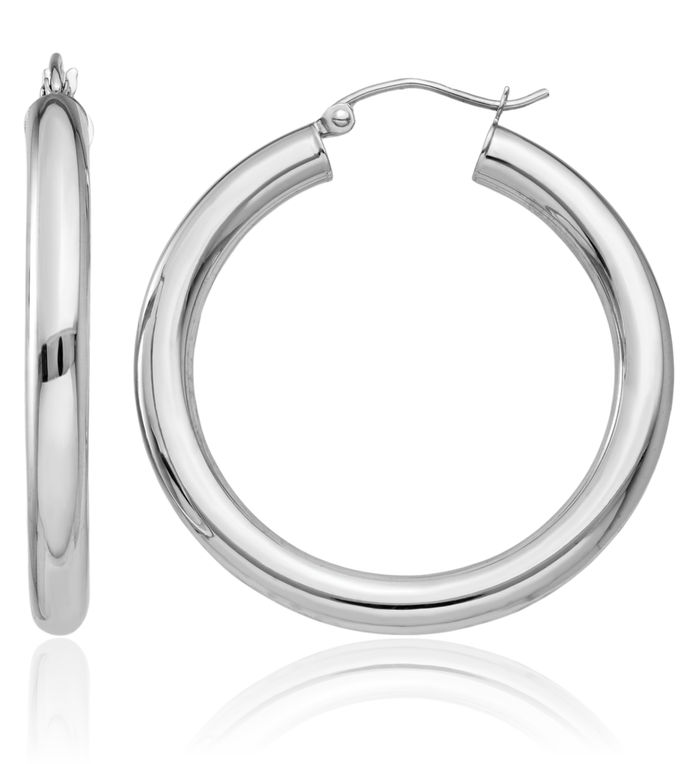 14K Solid White Gold 4mm Tube Round Medium Hoop Earrings