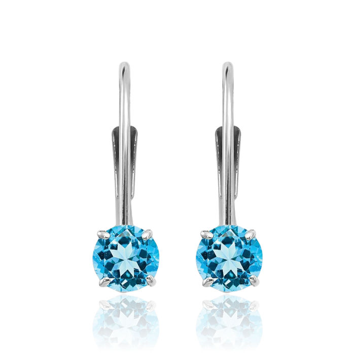 14K Solid White Gold 4mm Round Swiss Blue Topaz Drop Dangle Earrings December Birthstone Jewelry