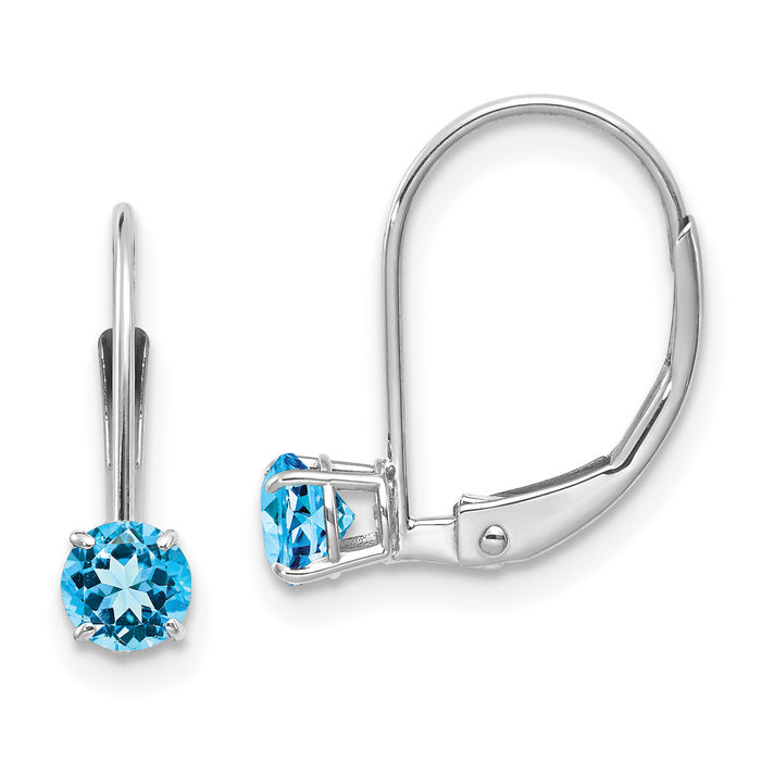 14K Solid White Gold 4mm Round Swiss Blue Topaz Drop Dangle Earrings December Birthstone Jewelry