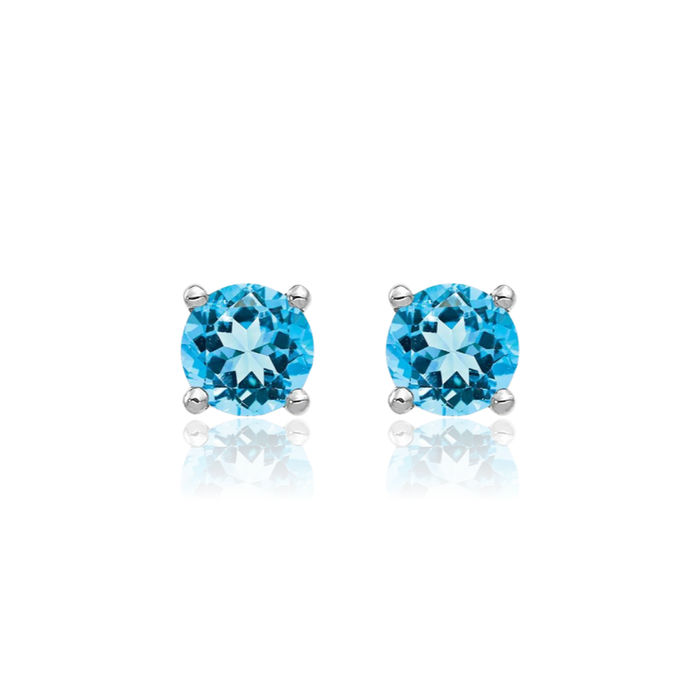 14K Solid White Gold 4mm Swiss Blue Topaz Studs Gemstone Solitaire Earrings December Birthstone Jewelry