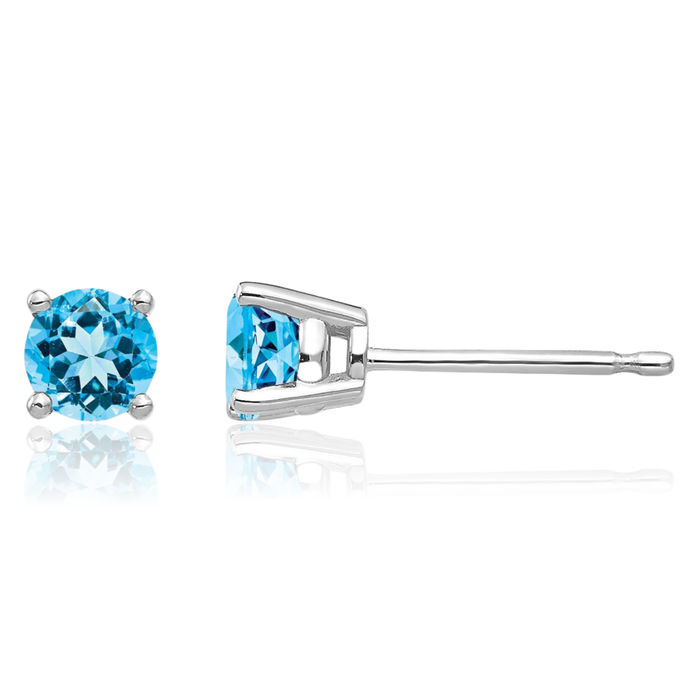 14K Solid White Gold 4mm Swiss Blue Topaz Studs Gemstone Solitaire Earrings December Birthstone Jewelry