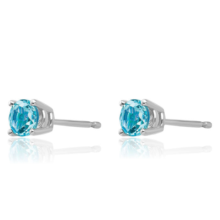 14K Solid White Gold 4mm Swiss Blue Topaz Studs Gemstone Solitaire Earrings December Birthstone Jewelry