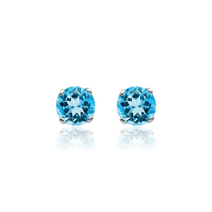 14K Solid White Gold 4mm Swiss Blue Topaz Studs Gemstone Solitaire Earrings December Birthstone Jewelry