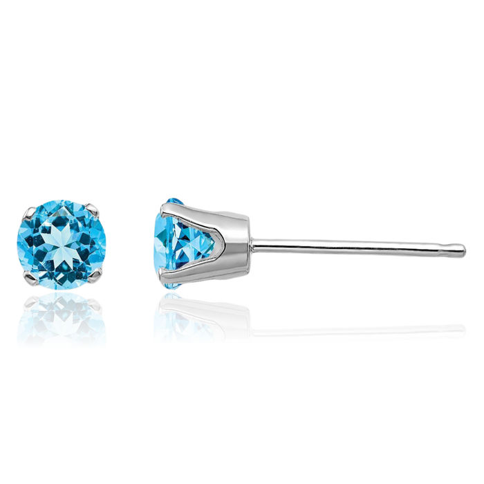 14K Solid White Gold 4mm Swiss Blue Topaz Studs Gemstone Solitaire Earrings December Birthstone Jewelry