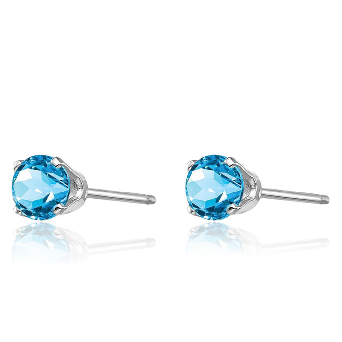 14K Solid White Gold 4mm Swiss Blue Topaz Studs Gemstone Solitaire Earrings December Birthstone Jewelry