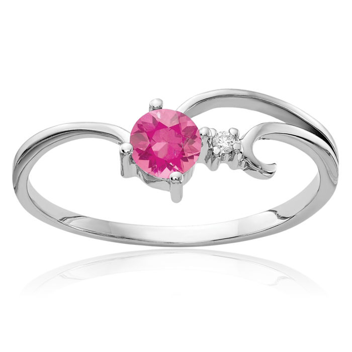 14K Solid White Gold 4mm Pink Tourmaline Diamond Ring Gemstone Band October Birthstone Jewelry