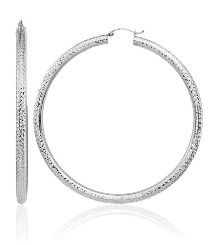 14K Solid White Gold 4x70mm Round Tube Extra Large Hoop Earrings