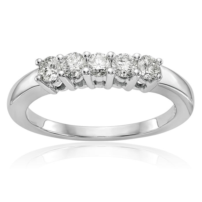 14K Solid White Gold 5 Stone Diamond Wedding Band Ring