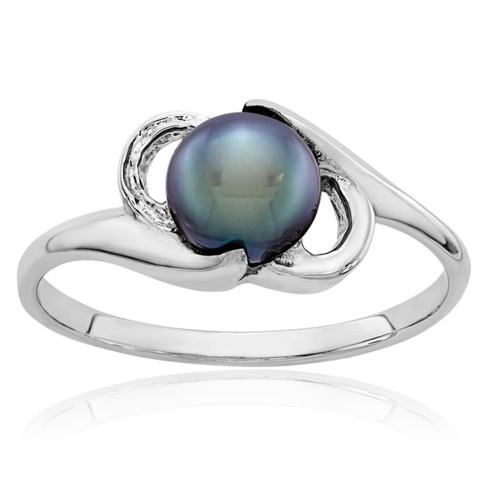 14K Solid White Gold 5.5mm Black Freshwater Cultured Pearl Statement Ring