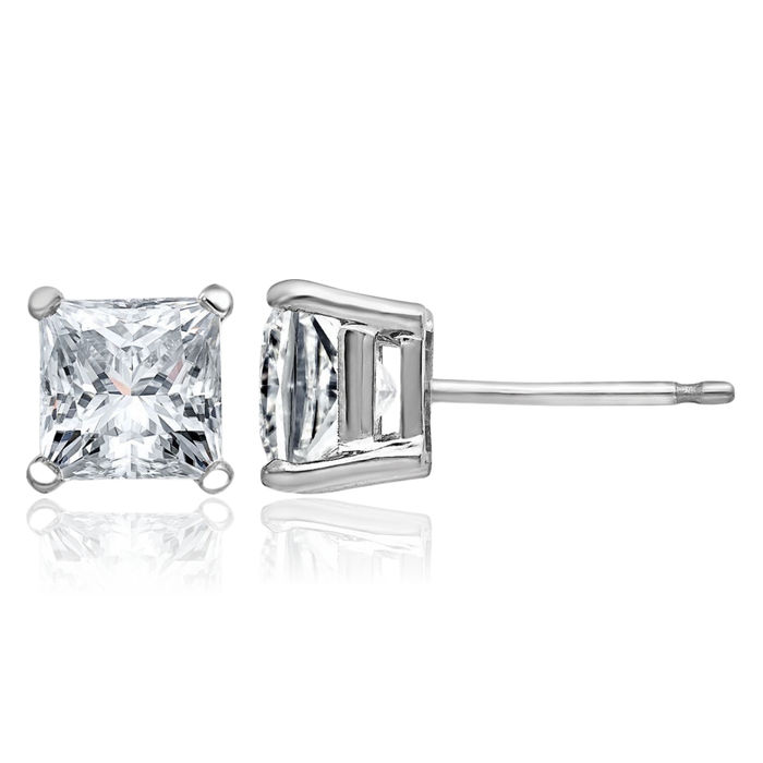 14K Solid White Gold 5.5mm Princess-Cut Square Solitaire Moissanite Stud Earrings