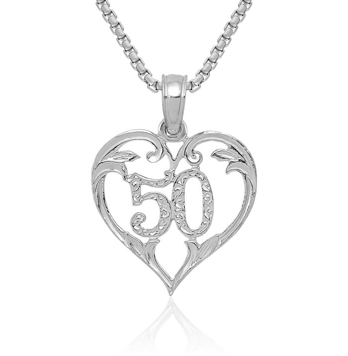 14K Solid White Gold 50 Heart Necklace Love Pendant Charm