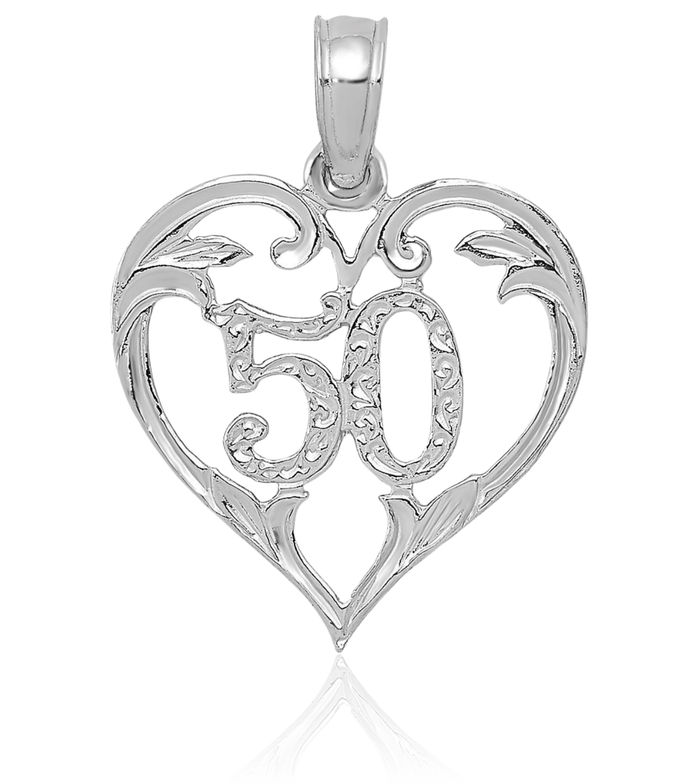 14K Solid White Gold 50 Heart Necklace Love Pendant Charm