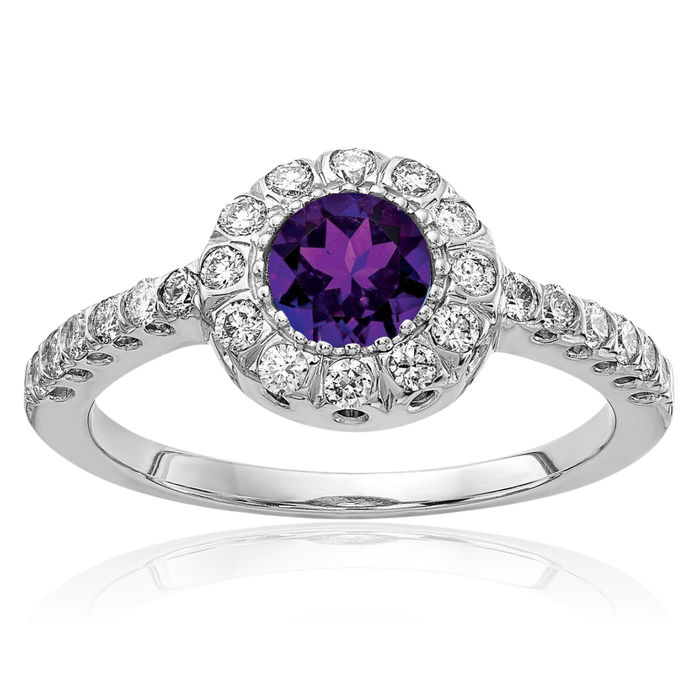 14K Solid White Gold 5mm Purple Amethyst Diamond Ring Gemstone Band February Birthstone Jewelry