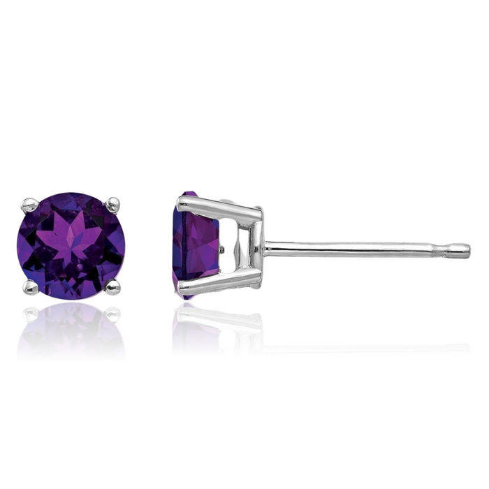 14K Solid White Gold 5mm Purple Amethyst Studs Gemstone Solitaire Earrings February Birthstone Jewelry
