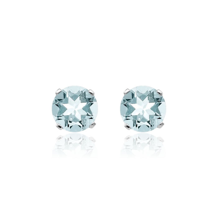 14K Solid White Gold 5mm Blue Aquamarine Studs Gemstone Solitaire Earrings March Birthstone Jewelry