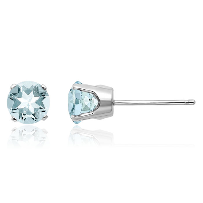 14K Solid White Gold 5mm Blue Aquamarine Studs Gemstone Solitaire Earrings March Birthstone Jewelry