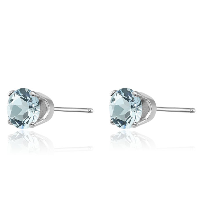 14K Solid White Gold 5mm Blue Aquamarine Studs Gemstone Solitaire Earrings March Birthstone Jewelry