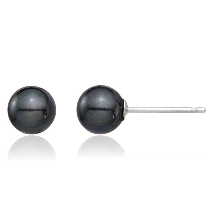 14K Solid White Gold 5mm Black Round Akoya Saltwater Cultured Stud Earrings