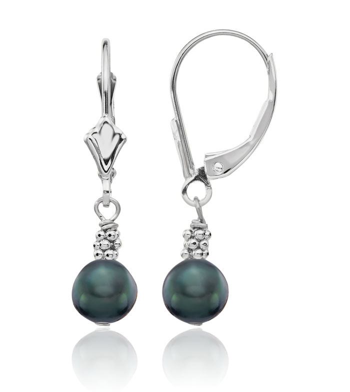 14K Solid White Gold 5mm Black Round Freshwater Cultured Pearl Drop Dangle Earrings