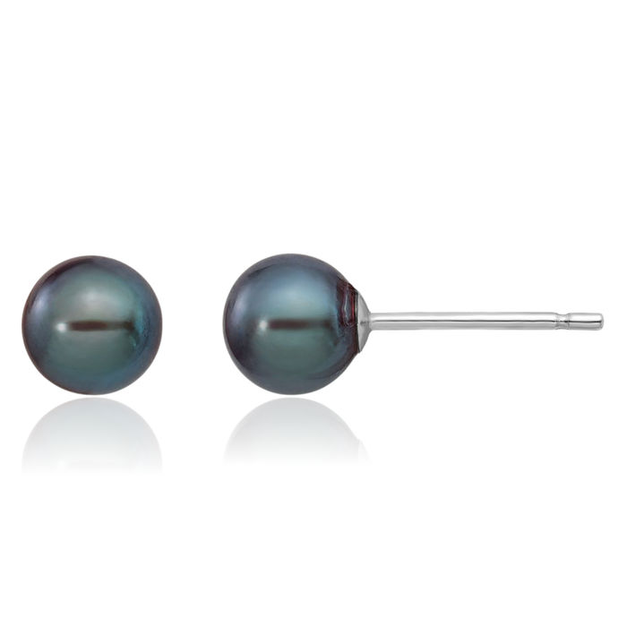 14K Solid White Gold 5mm Black Round Freshwater Cultured Pearl Stud Earrings