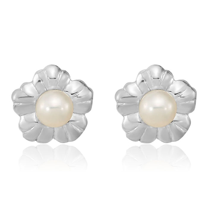 14K Solid White Gold 5mm Button Freshwater Cultured Pearl Flower Stud Earrings