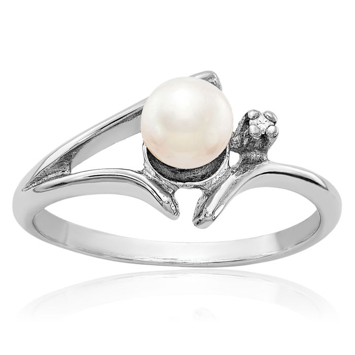 14K Solid White Gold 5mm Freshwater Cultured Pearl Diamond Ring