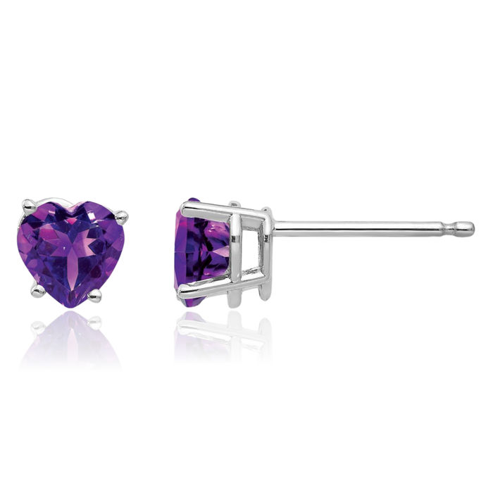 14K Solid White Gold 5mm Heart Purple Amethyst Studs Gemstone Earrings February Birthstone Jewelry