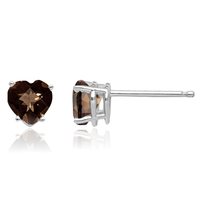 14K Solid White Gold 5mm Heart Checker Cut Brown Smoky Quartz Studs Gemstone Earrings June Birthstone Jewelry