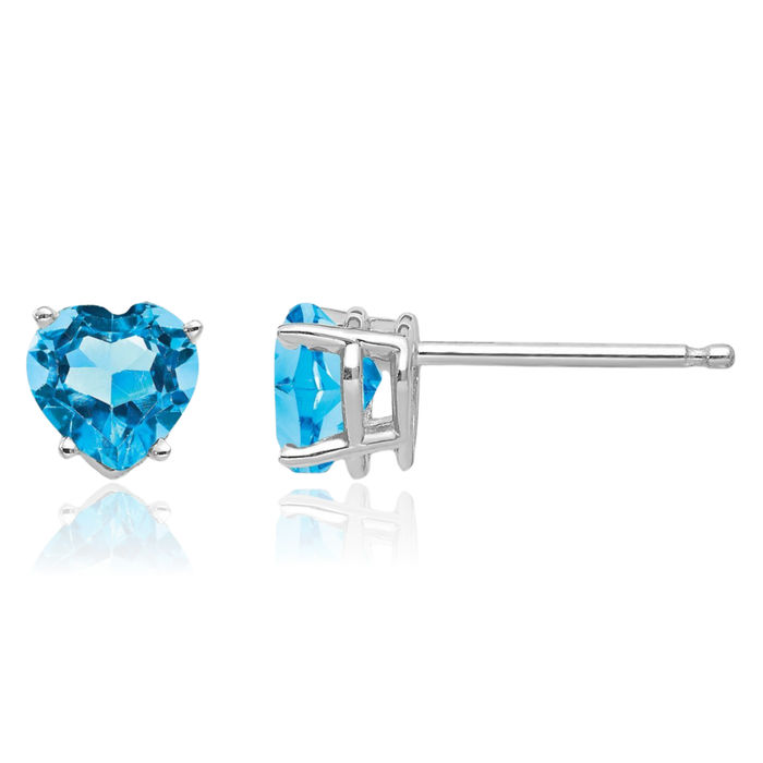 14K Solid White Gold 5mm Heart Swiss Blue Topaz Studs Gemstone Earrings December Birthstone Jewelry