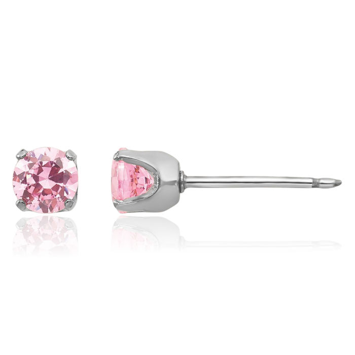 14K Solid White Gold 5mm Pink Cubic Zirconia CZ Stud Earrings