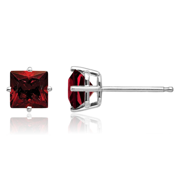 14K Solid White Gold 5mm Princess-Cut Square Red Garnet Studs Gemstone Solitaire Earrings January Birthstone Jewelry