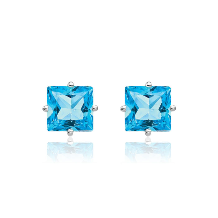 14K Solid White Gold 5mm Princess-Cut Square Swiss Blue Topaz Studs Gemstone Solitaire Earrings December Birthstone Jewelry