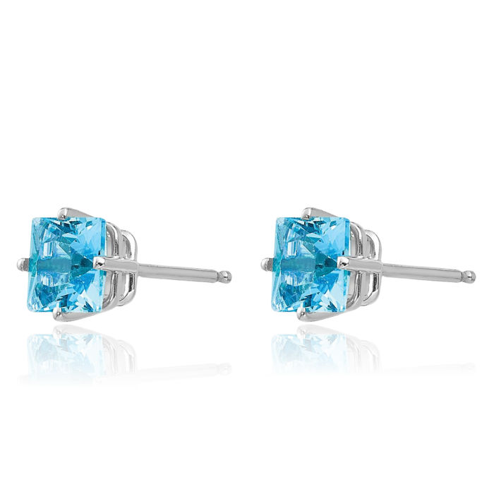 14K Solid White Gold 5mm Princess-Cut Square Swiss Blue Topaz Studs Gemstone Solitaire Earrings December Birthstone Jewelry