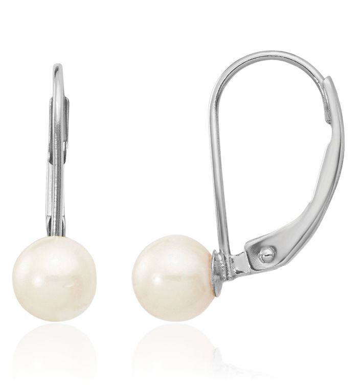 14K Solid White Gold 5mm Round Akoya Saltwater Cultured Pearl Drop Dangle Earrings