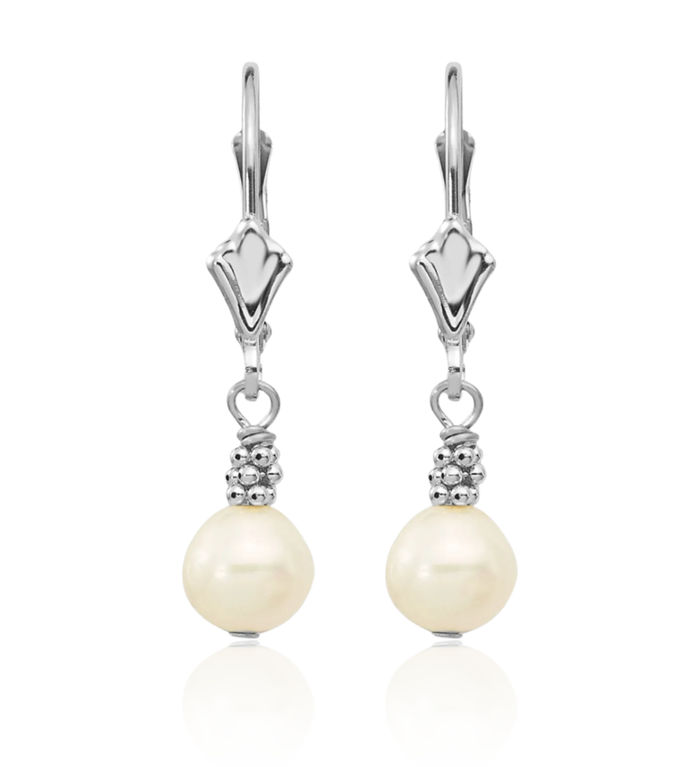 14K Solid White Gold 5mm Round Freshwater Cultured Pearl Drop Dangle Earrings