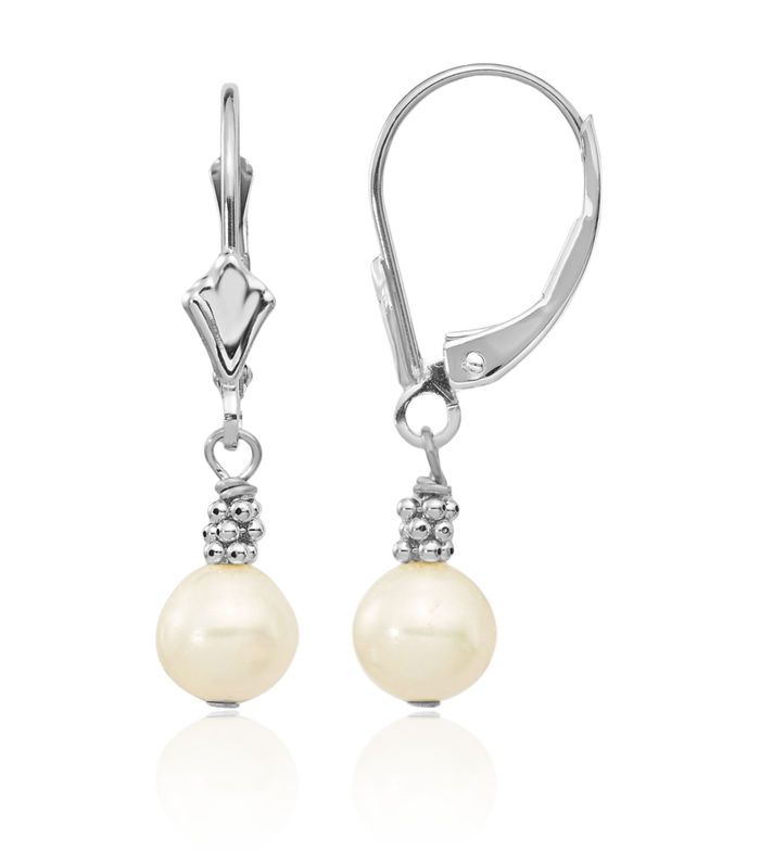 14K Solid White Gold 5mm Round Freshwater Cultured Pearl Drop Dangle Earrings