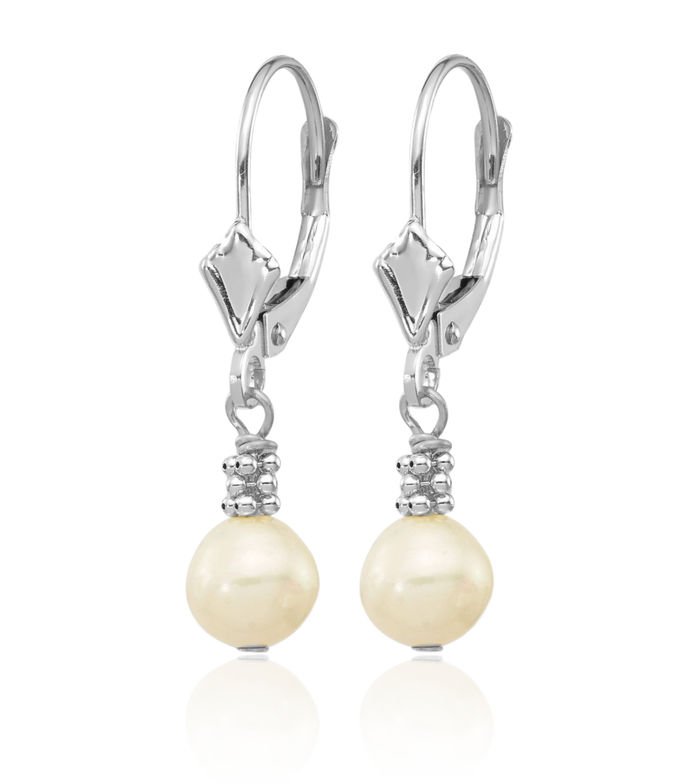 14K Solid White Gold 5mm Round Freshwater Cultured Pearl Drop Dangle Earrings