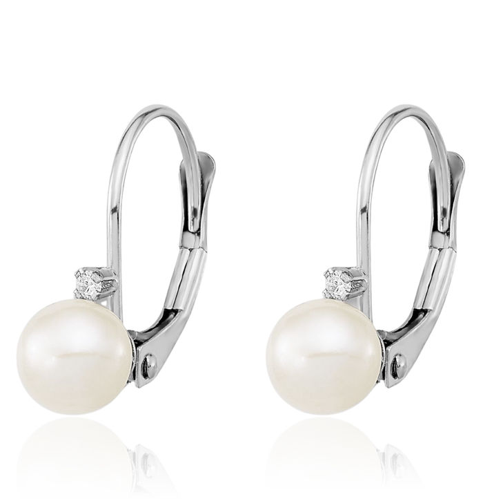 14K Solid White Gold 5mm Round Freshwater Cultured Pearl Diamond Drop Dangle Earrings