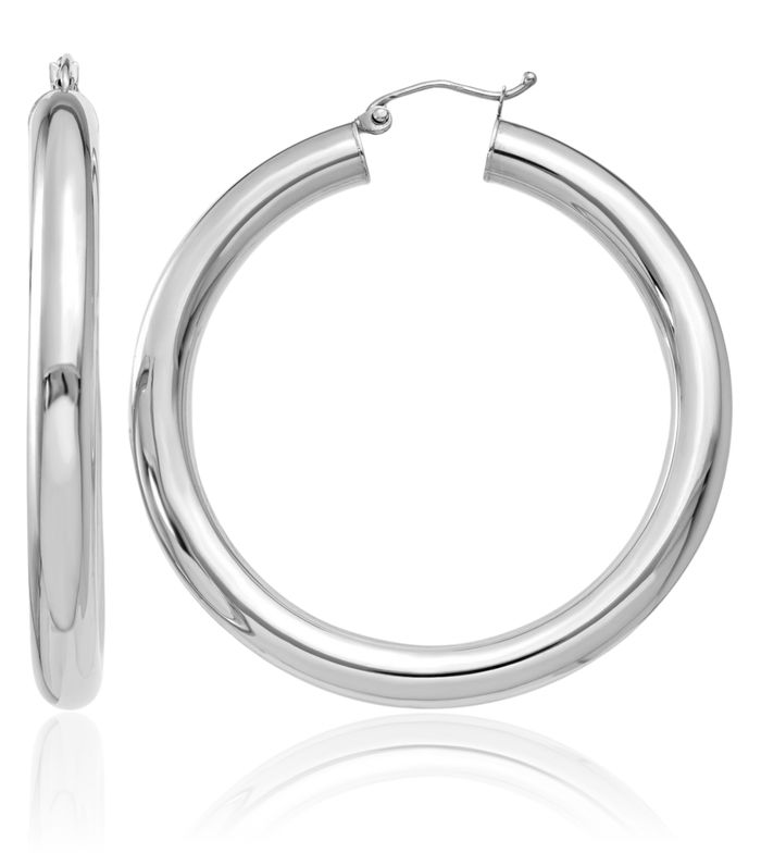 14K Solid White Gold 5mm Round Large Hoop Earrings