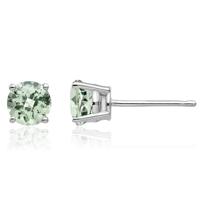 14K Solid White Gold 5mm Round Checker Cut Green Quartz Studs Gemstone Earrings August Birthstone Jewelry