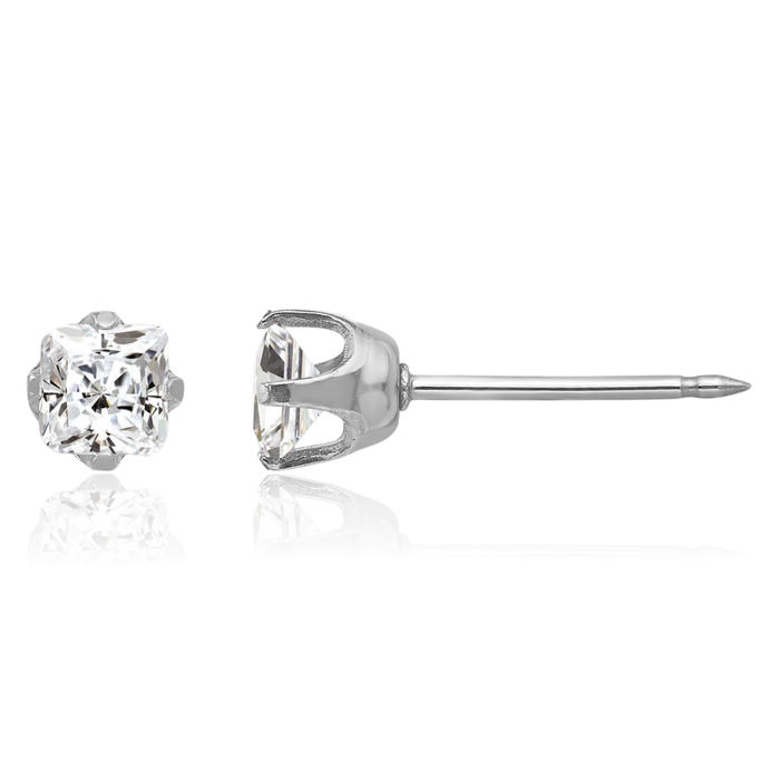 14K Solid White Gold 5mm Square Cubic Zirconia CZ Stud Earrings