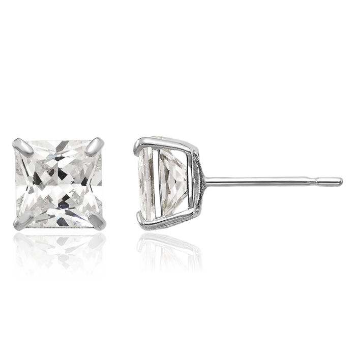 14K Solid White Gold 5mm Square Cubic Zirconia CZ Stud Earrings