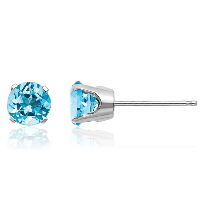 14K Solid White Gold 5mm Swiss Blue Topaz Studs Gemstone Solitaire Earrings December Birthstone Jewelry