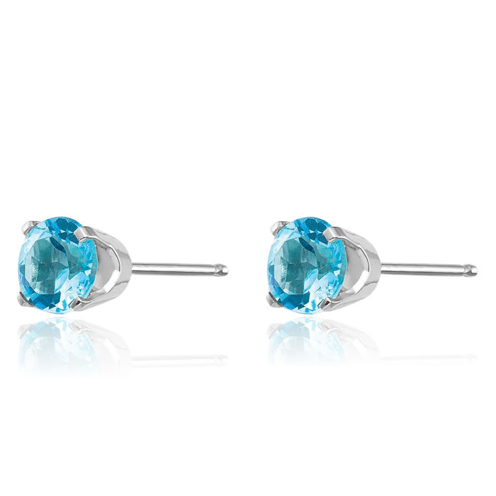 14K Solid White Gold 5mm Swiss Blue Topaz Studs Gemstone Solitaire Earrings December Birthstone Jewelry