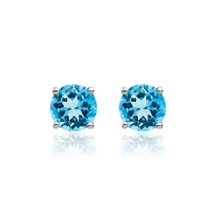 14K Solid White Gold 5mm Swiss Blue Topaz Studs Gemstone Solitaire Earrings December Birthstone Jewelry